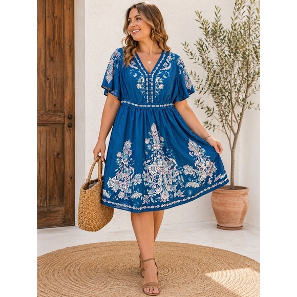 BloomChic Dresses & Skirts - BloomChic Blue Floral Boho Dress NWoT 12 V Neck Flutter Sleeve Empire Boho Chic